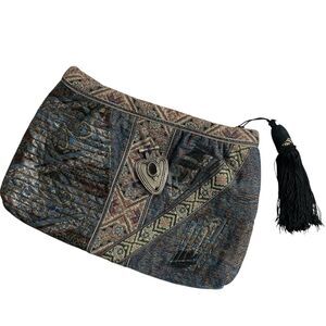Lisandro Sarasola Tapestry Clutch Purse Blue Multi Lined Zip Tassle